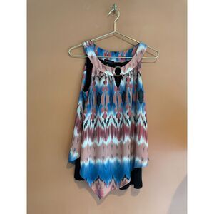 AB Studio Layered Tunic Top Medium Pink Blue Ikat Print Asymmetrical Boho Blouse